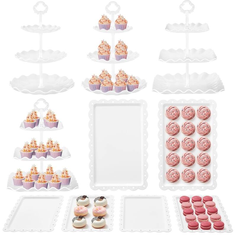 10pcs Dessert Table Display Set, 3 Tiered Cup Cake Holder Tower Stand & Cookie Serving Trays - White - 8 or More Pieces