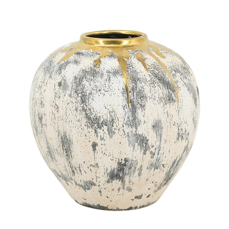 12" Gray Ivory And Gold Modern Abstract Ceramic Table Vase - 11.80