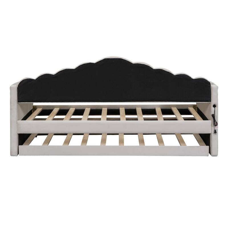 Twin size Upholstered Daybed with Trundle ,Velvet Sofabed with USB Charging Ports