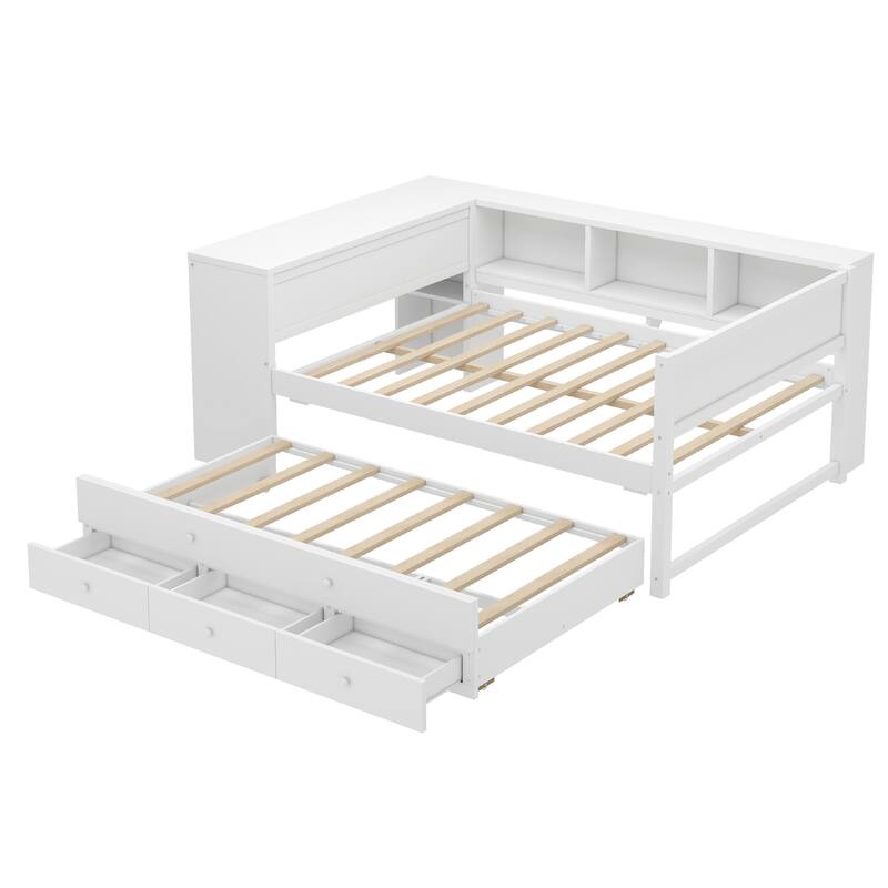 Full Size Daybed with Trundle, Wood Day Bed Frame with Storage Drawers and Side Shelves, Daybed with Desk, No Spring Box Needed