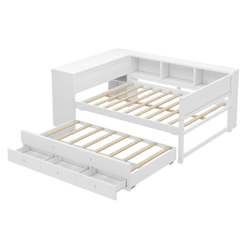Full Size Wood Daybed with Trundle, Storage Drawers, Side Shelves, and Desk, White