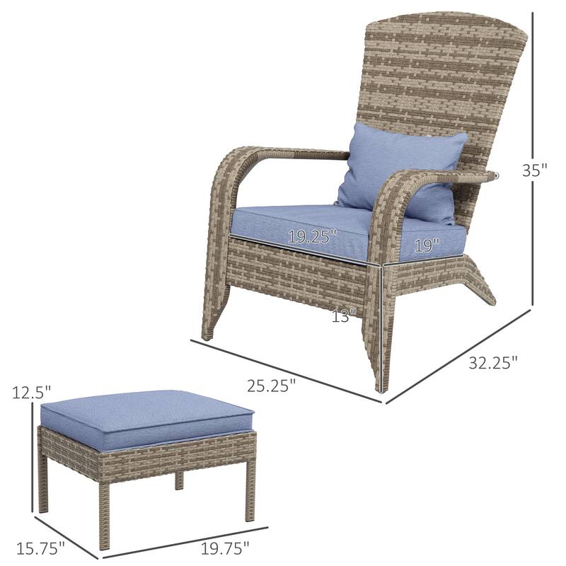 Outdoor Wicker Adirondack Chair with Ottoman, High-Back Lounge Chair with Cushions for Fire Pit, Porch, Patio