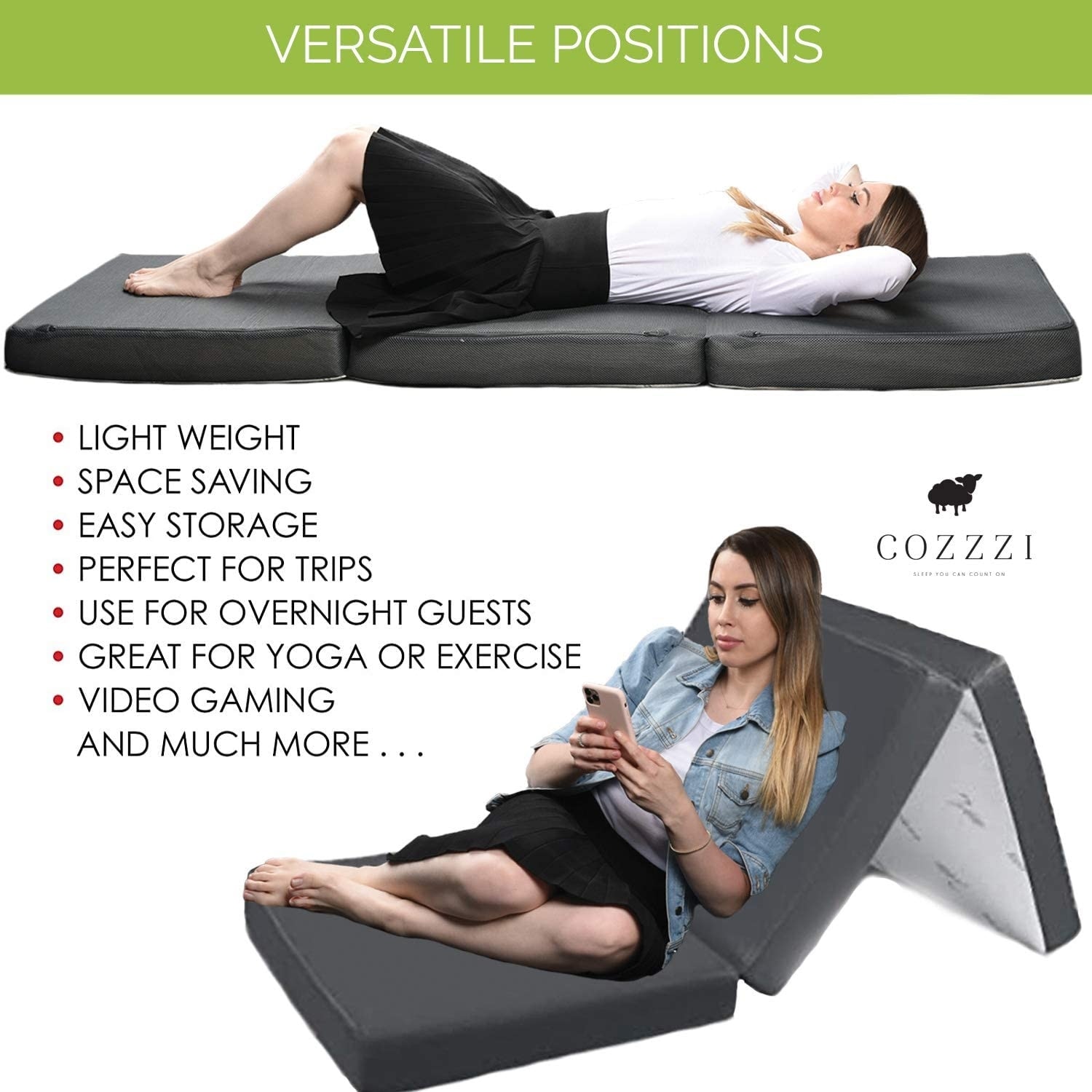 Cozzzi Folding Mattress Trifold Foam Mattress Topper Grey On