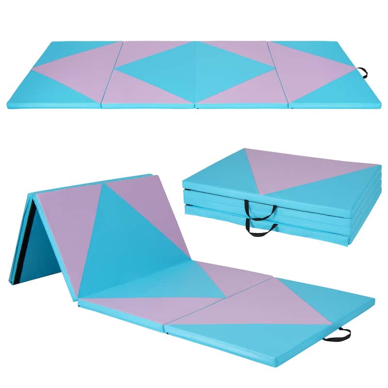 4-Panel Foldable Gymnastics Mat with Shock Absorbing Foam and Hook Loop Secure Connection - 120" x 48" x 2" - Blue-Pink