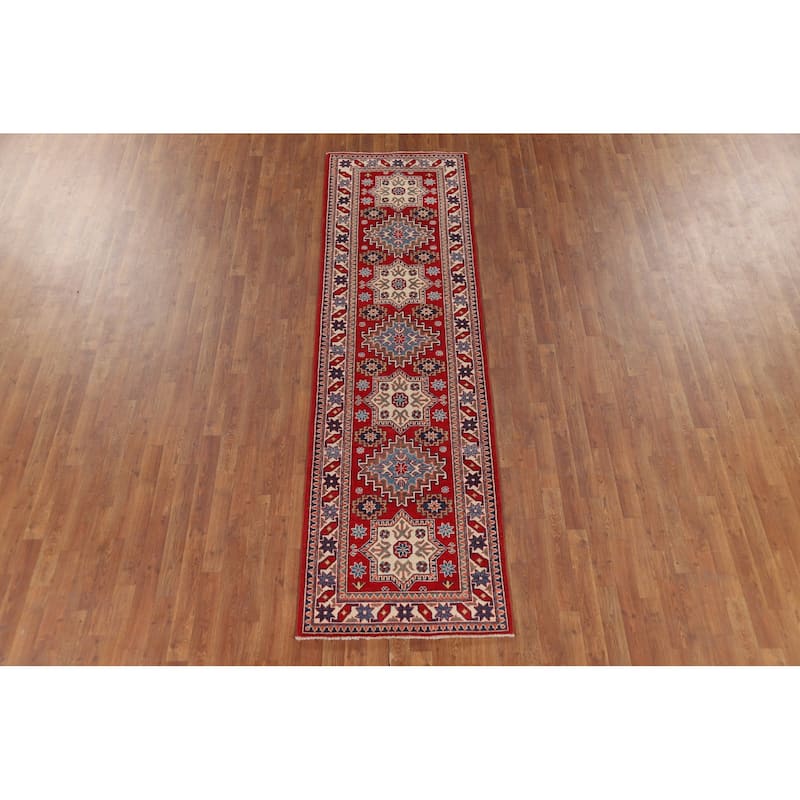 Red Geometric Kazak Oriental Runner Rug Hand-Knotted Wool Carpet - 2'8" x 9'7"
