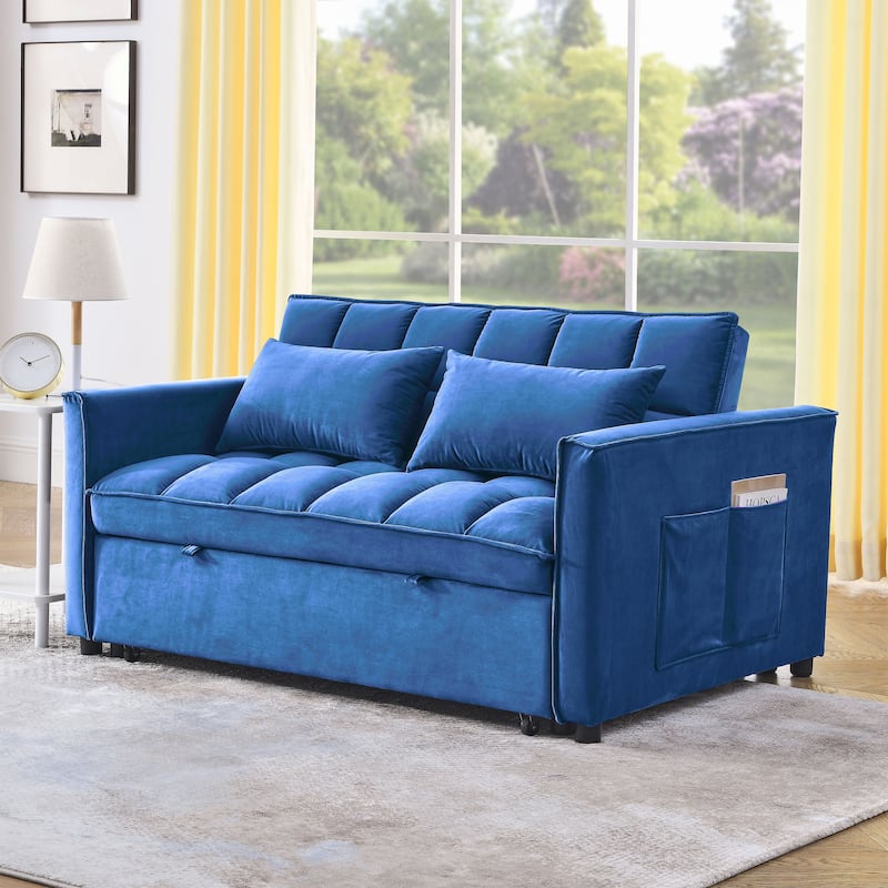 Velvet Sofa Bed, Convertible Pull-Out Couch Loveseat with 3-Level Adjustable Backrest, Sleeper Sofa with Side Pockets - Blue