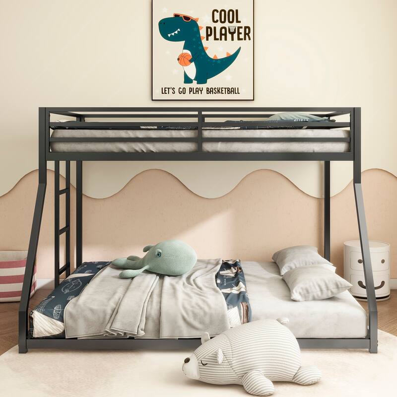 Sturdy Twin over Full Bunk Bed Metal Black for Kids and Adult Low Profile Twin over Full Bunk Bed with Ladder and Guardrails