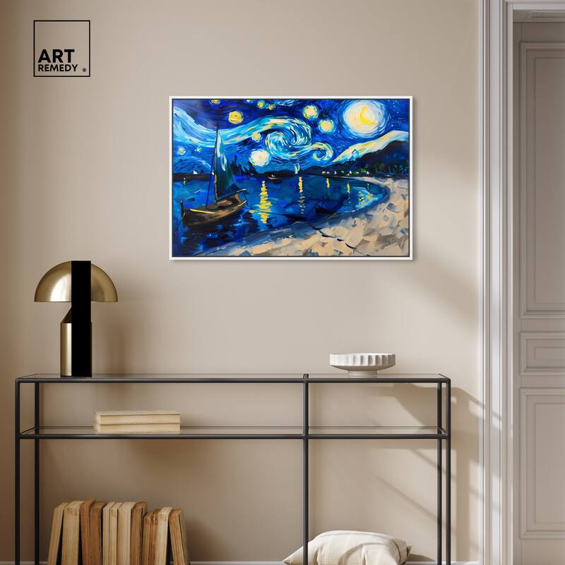 Art Remedy Whimsical Night Sail Framed Impressionism 1 Piece Canvas Wall Art /Monet And Van Gogh Inspired Art