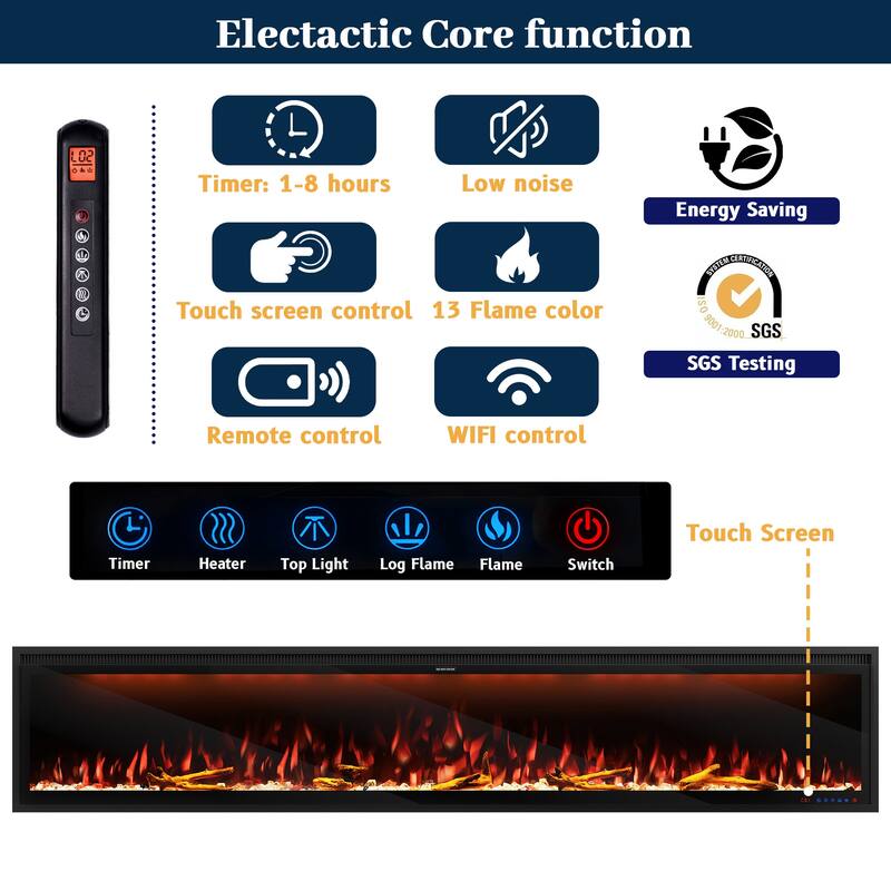 Clihome 42-88" Recessed Wall-Mounted Control Electric Fireplace