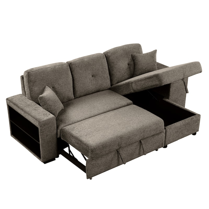 95" Velvet Sectional Sofa with Storage Chaise and 2 Stools and Reversible L-Shape Sofa Bed