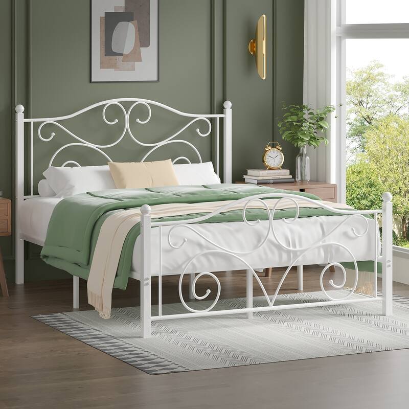 Victorian Style Metal Bed Frames with Headboard,No Box Spring Needed - White - Full
