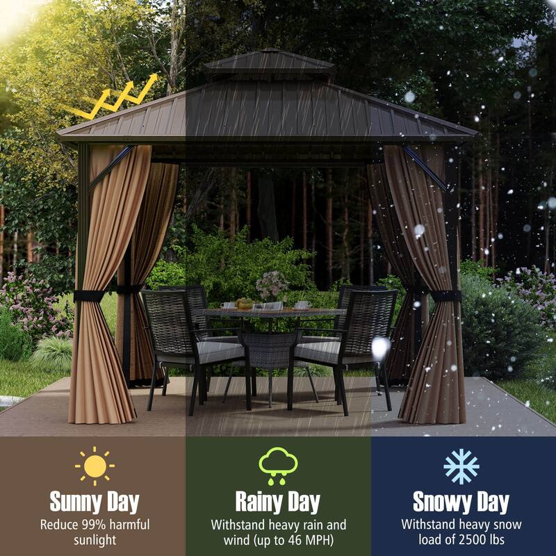 Costway 10 x 10 FT Hardtop Gazebo with Netting Heavy-Duty Double-Roof - Coffee
