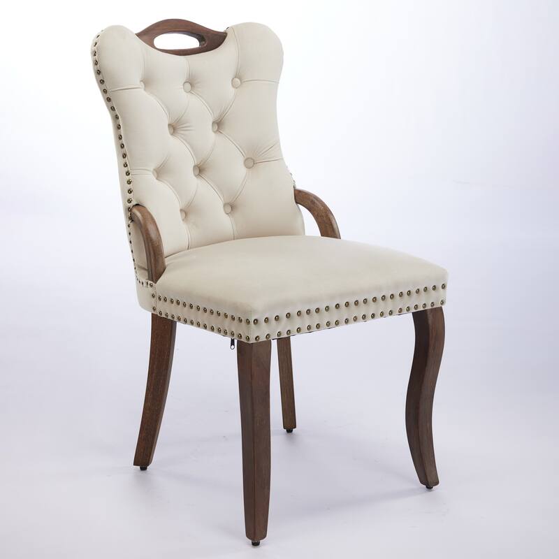 Velvet Dining Chair with Handmade Tufted Trim, Solid Wood Handles on Top and Sides, Set of 2