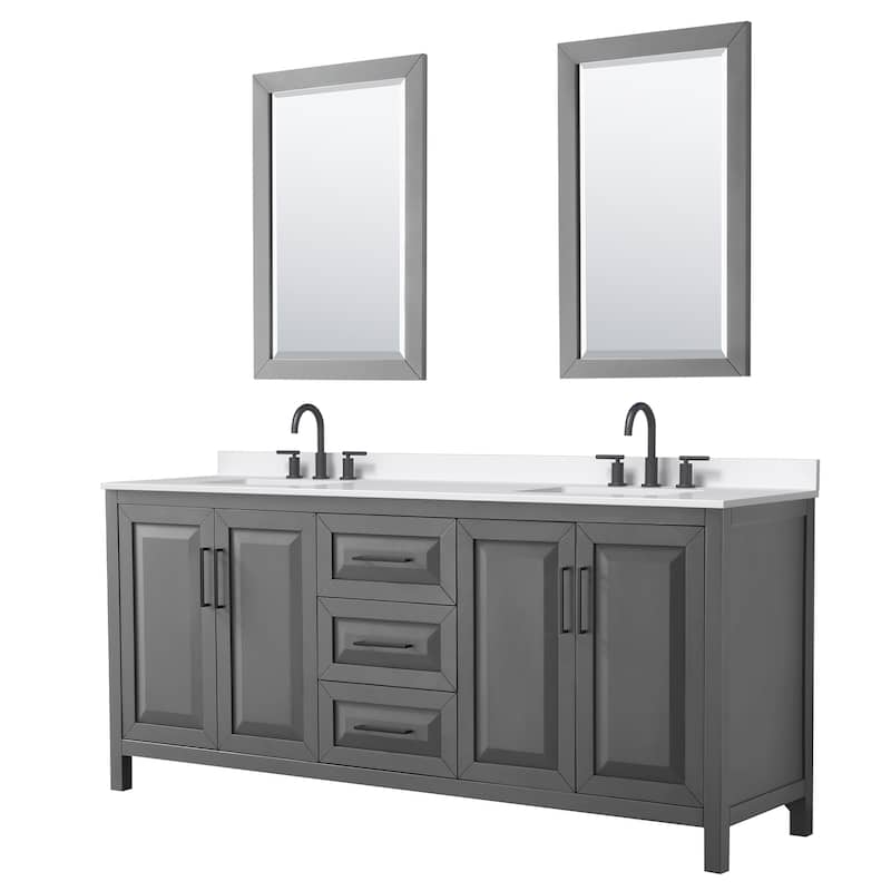 Daria 80-inch Double Vanity, 3 Hole Quartz Top, 24-inch Mirrors - Dark Gray, Black Trim, White Quartz Top