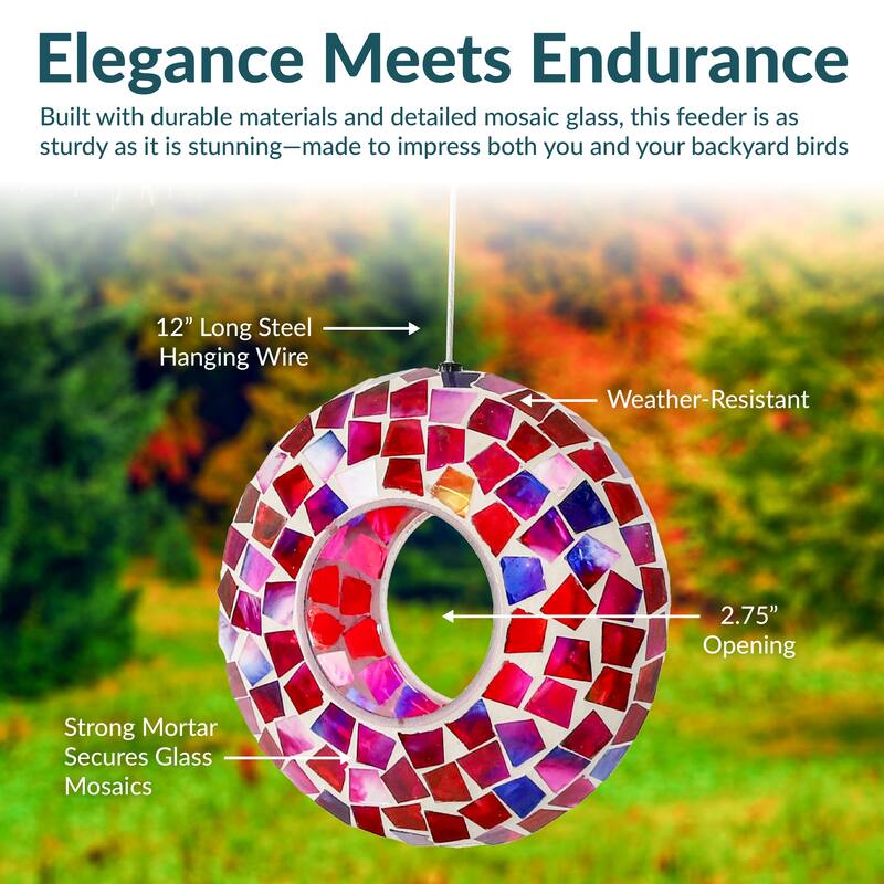 Outdoor Hanging Bird Feeder Crimson Glass Mosaic Fly-Through - 7"