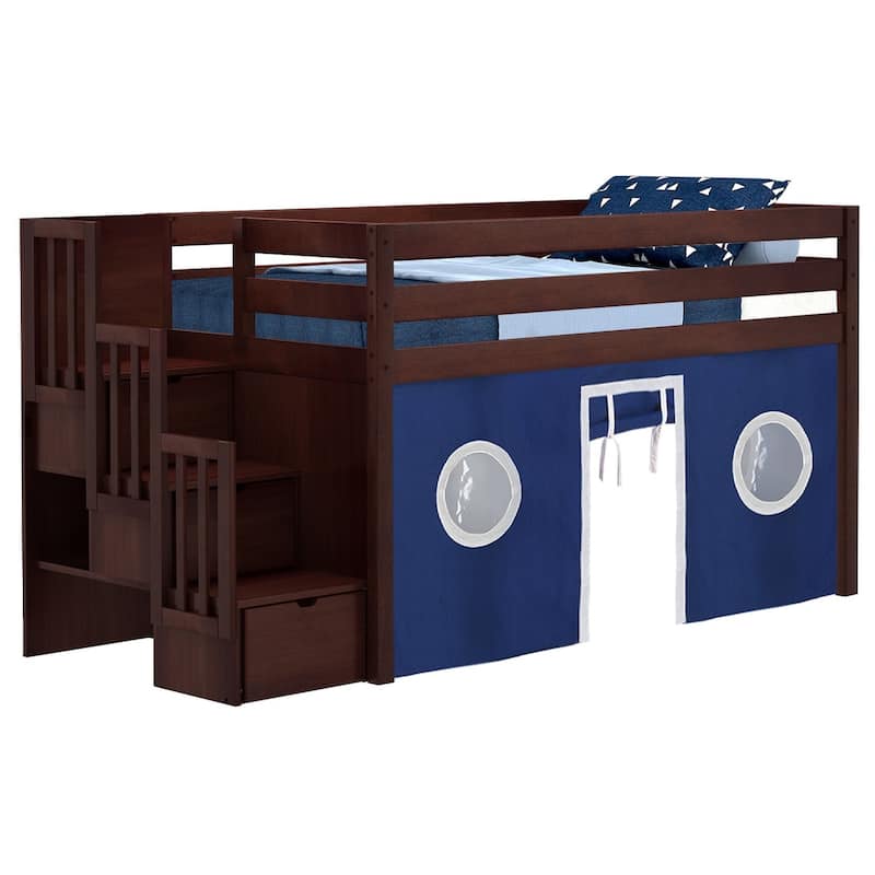 JACKPOT Contemporary Low Loft Twin Bed with 3 Step Stairway and Tent - Cherry with Blue & White Tent