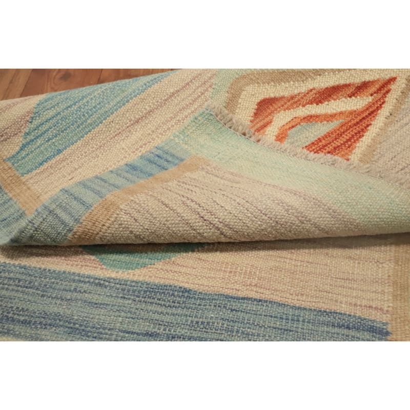 Hand Woven Oriental 100% Wool Carpet Southwestern Modern Navy Blue & Blues Kilim Runner Rug - 5' 9'' X 2' 0''