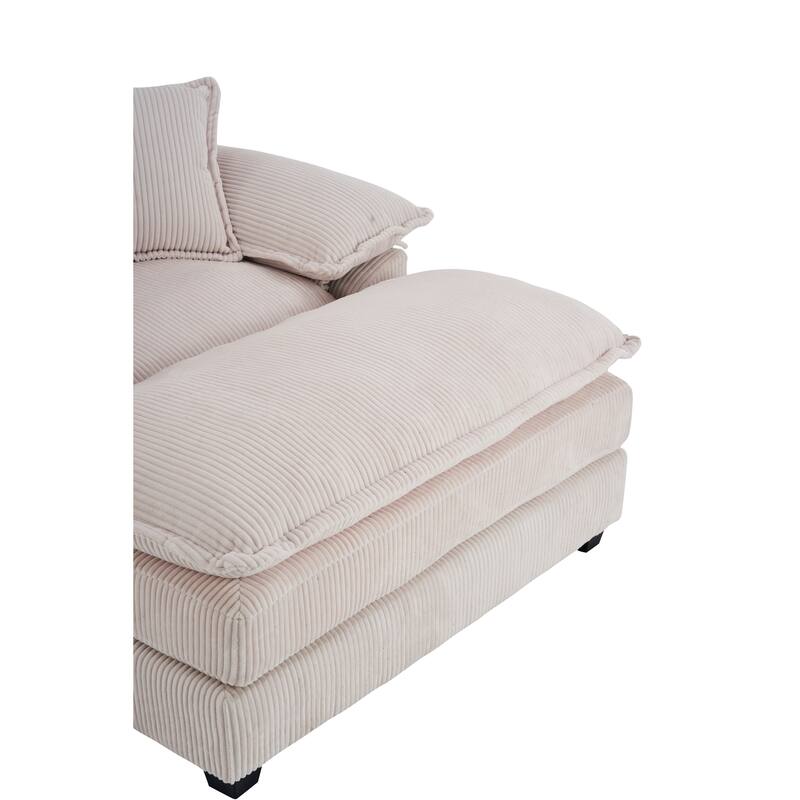 56.3 Inch White Foam Corduroy Single Sofa with 2 Pillows and Ottoman