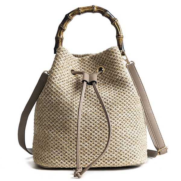 Shop QZUnique Women&#39;s Bucket Drawstring Handbag Straw Shoulder Bag Straw Weave Crossbody Handbag ...
