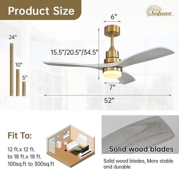 dimension image slide 3 of 14, Sofucor 48/52 Inch Ceiling Fan with Light, Solid Wood Blades for Living Room, Bedroom,Smart Optional