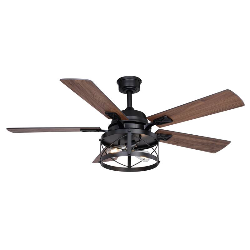 Elburn Black Farmhouse Ceiling Fan with Caged Drum LED Light Kit and Remote - 52-in W x 18.75-in H x 52-in D