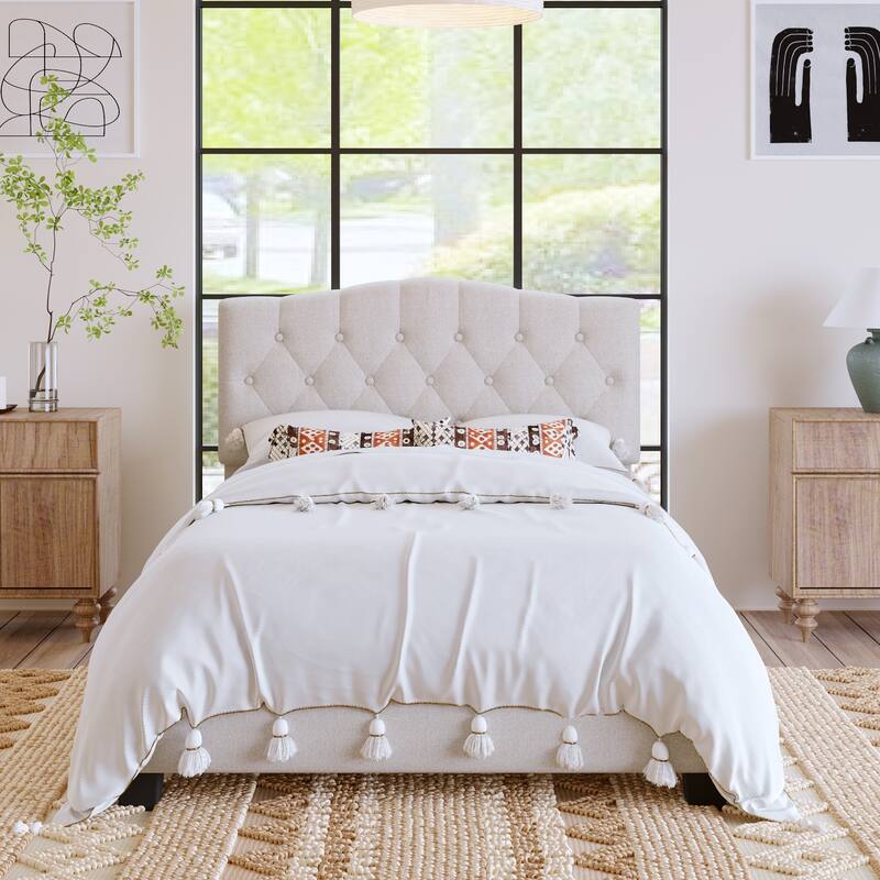 Full Upholstered Platform Bed with Saddle Curved Adjustable Headboard and Diamond Tufted Details, Wooden Slats and Metal Support