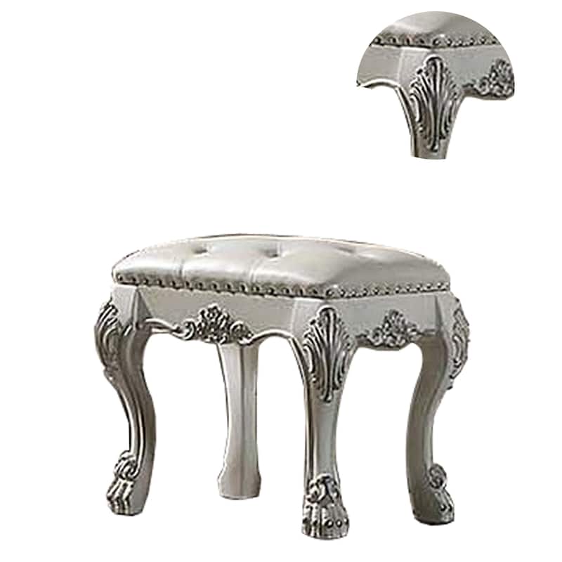 Aurora 20 Inch Carved Wood Vanity Stool, Faux Leather, Claw Feet, White