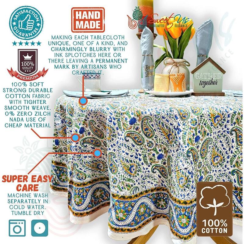 Block Print Cotton Paisley Floral Tablecloth Round Square