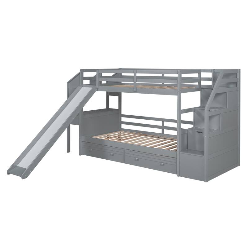 Twin Over Twin Bunk Bed with Slide, Desk, Drawers, and Storage Staircase