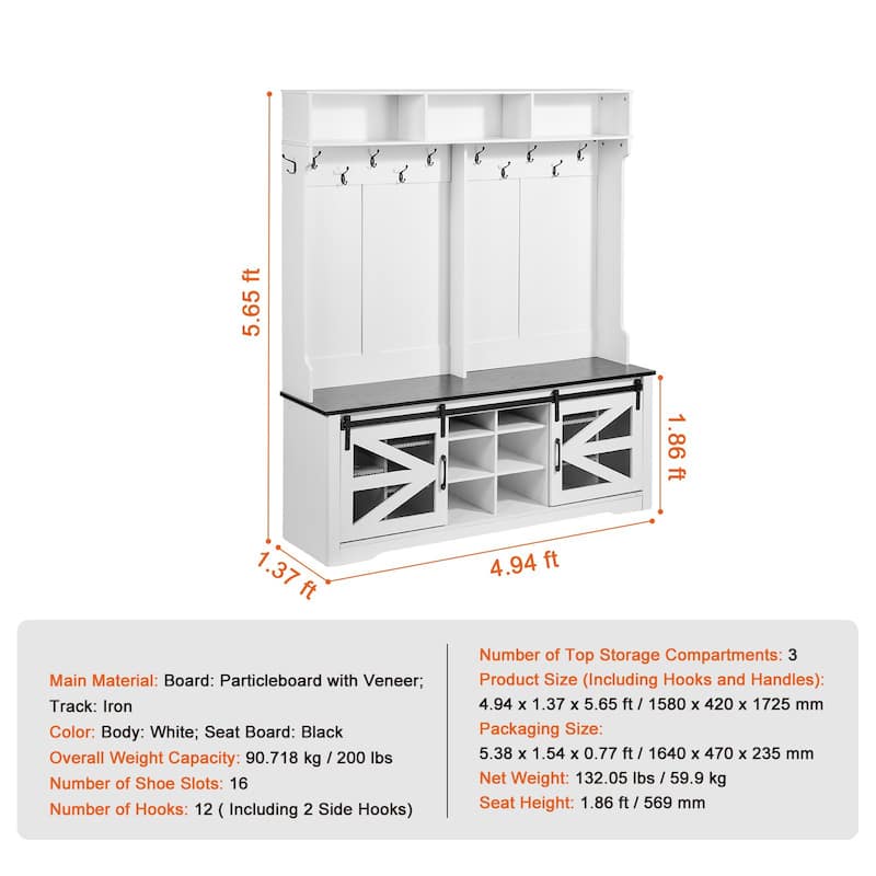 59 Inch Hall Tree Bench with LED Light Coat Rack and Shoe Storage - 59.28” x 16.44” x 67.8”