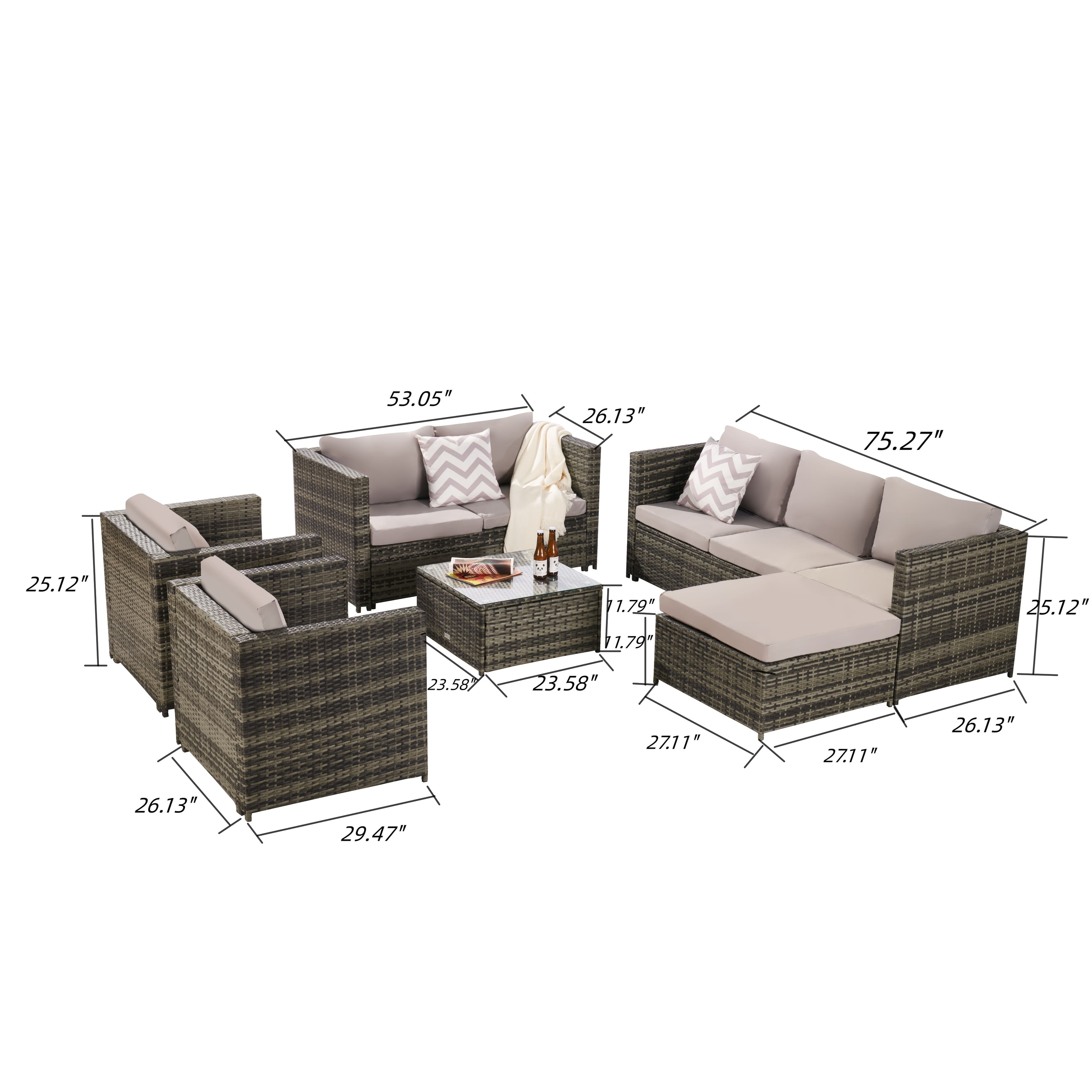 6 Piece Outdoor Modular Wicker Sectional Sofa Set, Garden Rattan