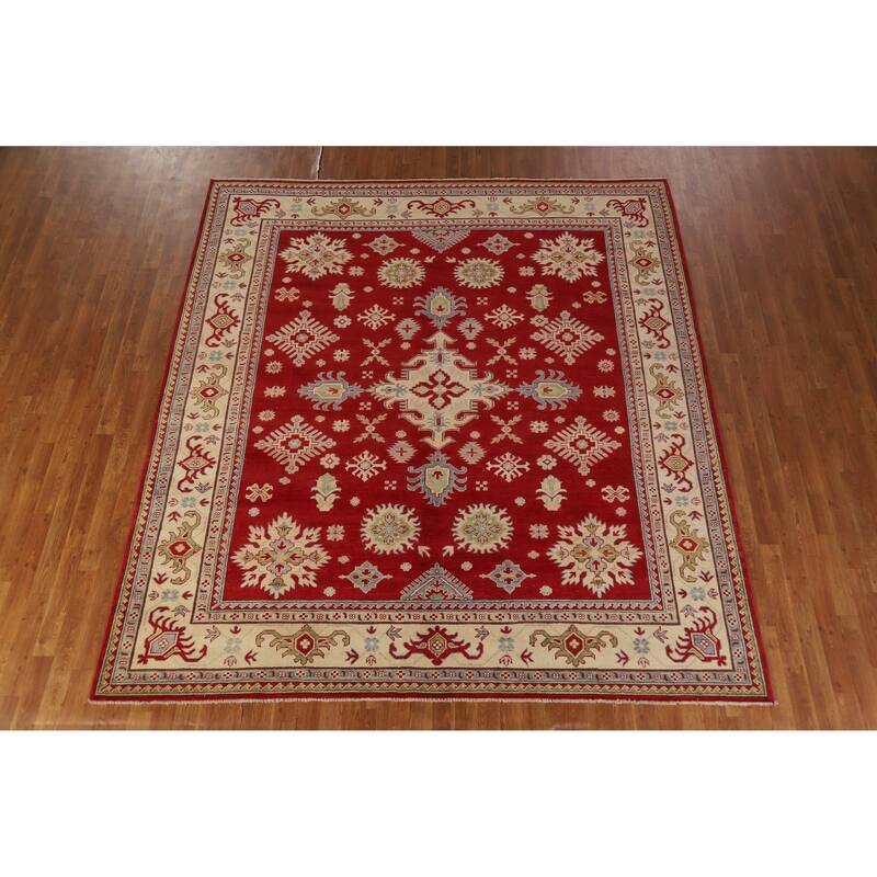 Hand Knotted Oriental 100% Wool Carpet Traditional Geometric Red Kazak Area Rug - 9' 3'' X 8' 5''