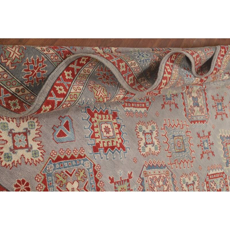 Geometric Kazak Oriental Area Rug Handmade Grey Wool Carpet - 8'2" x 10'0"