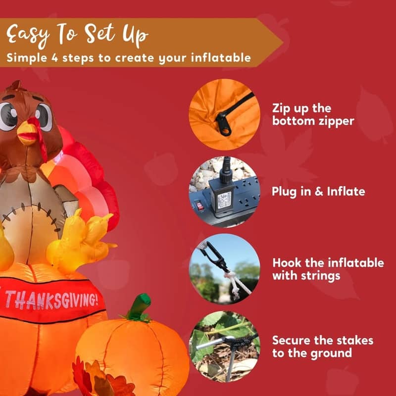 6 ft. Tall Brown, Yellow & Red Plastic Turkey on Pumpkin Inflatable