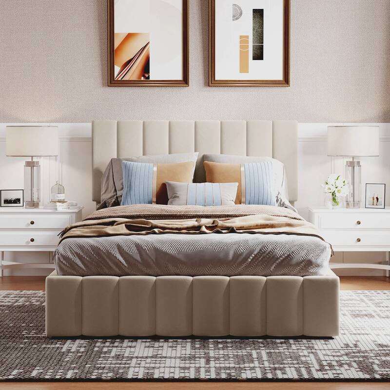 Upholstered Platform bed with a Hydraulic Storage System - - Beige - Full