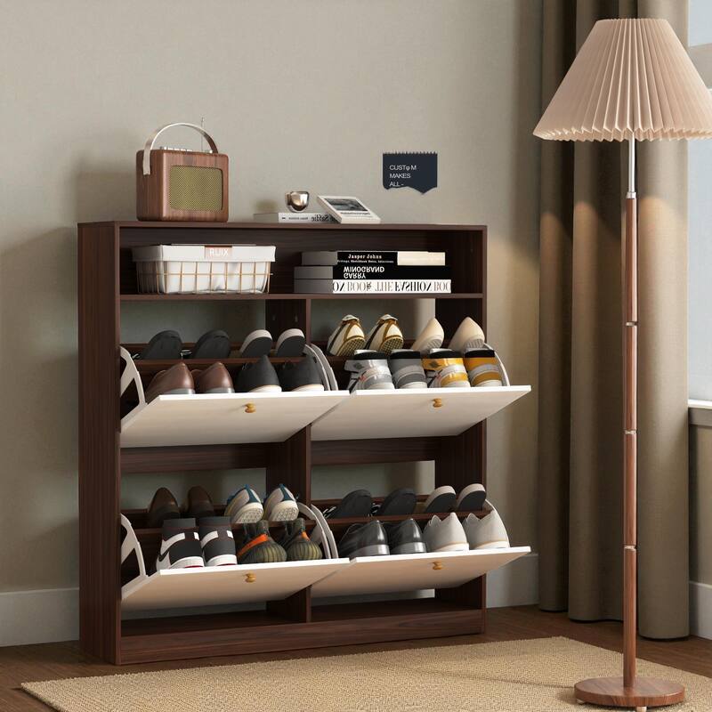 39.4" Shoe Storage Cabinet with 4 Flip Drawers, Large Freestanding Entryway Shoe Organizer with Wooden Handles and Anti-Tip Kit