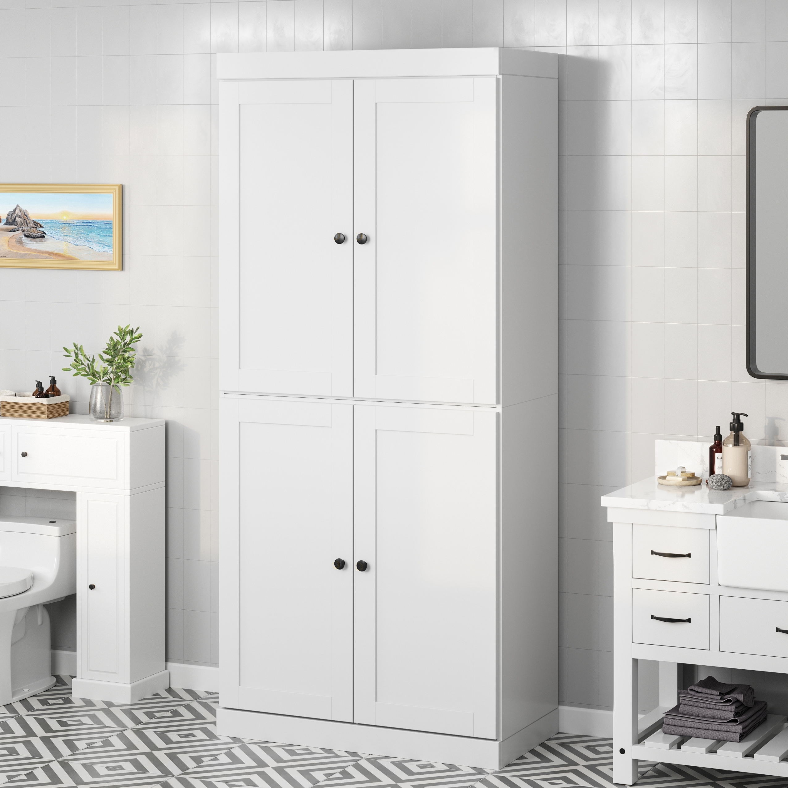 Palace Imports Solid Wood Tall Shaker Bathroom Linen Cabinet, 32" W