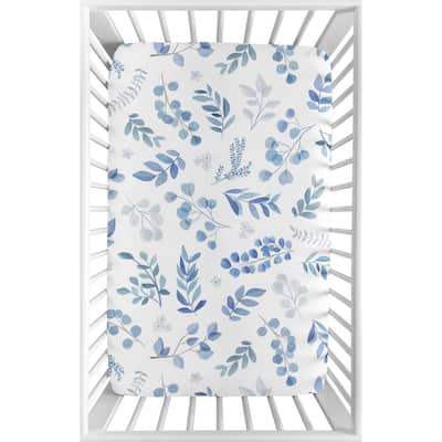 Floral Leaf Baby Boy Girl Fitted Mini Portable Crib Sheet - Blue Grey White Boho Watercolor Botanical Flower Woodland Tropical