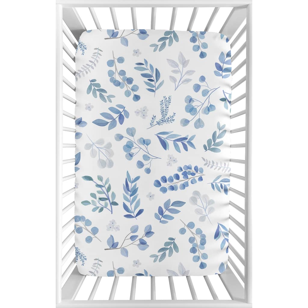 Floral Leaf Baby Boy Girl Fitted Mini Portable Crib Sheet - Blue Grey White Boho Watercolor Botanical Flower Woodland Tropical