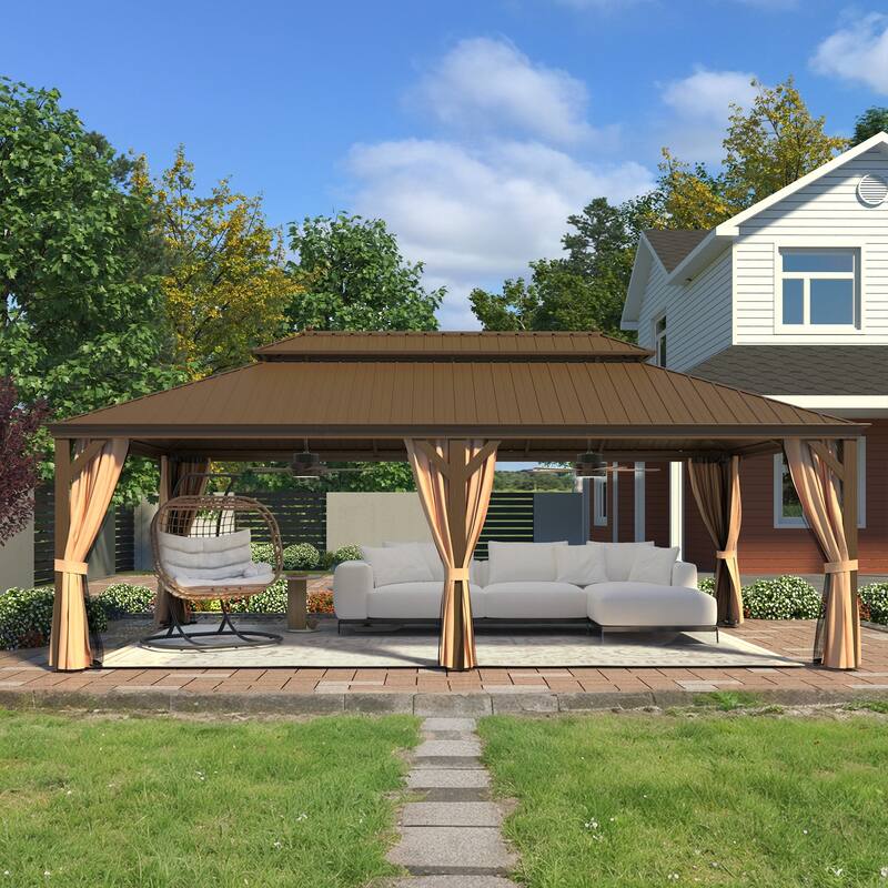 Erommy Pro Series Outdoor Galvanized Steel Roof Gazebo Pergola w/ Aluminum Frame & Vertical Rain Cutter - 14'x24' - Pro Series