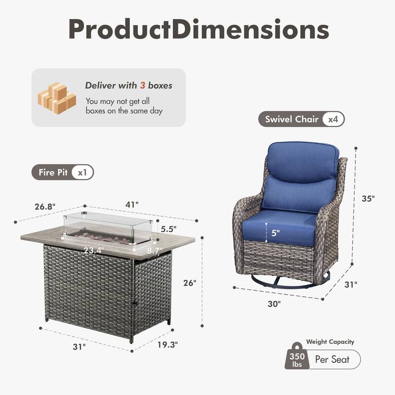 Meyreso 5-Piece Outdoor Patio Wicker Fire Pit 4 person Conversation Set with 5-Inch Thick Cushions