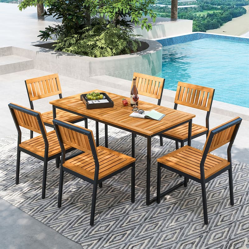 Gymax 7 PCS Outdoor Dining Set for 6 Acacia Wood Rectangular Table & 6 - Brown
