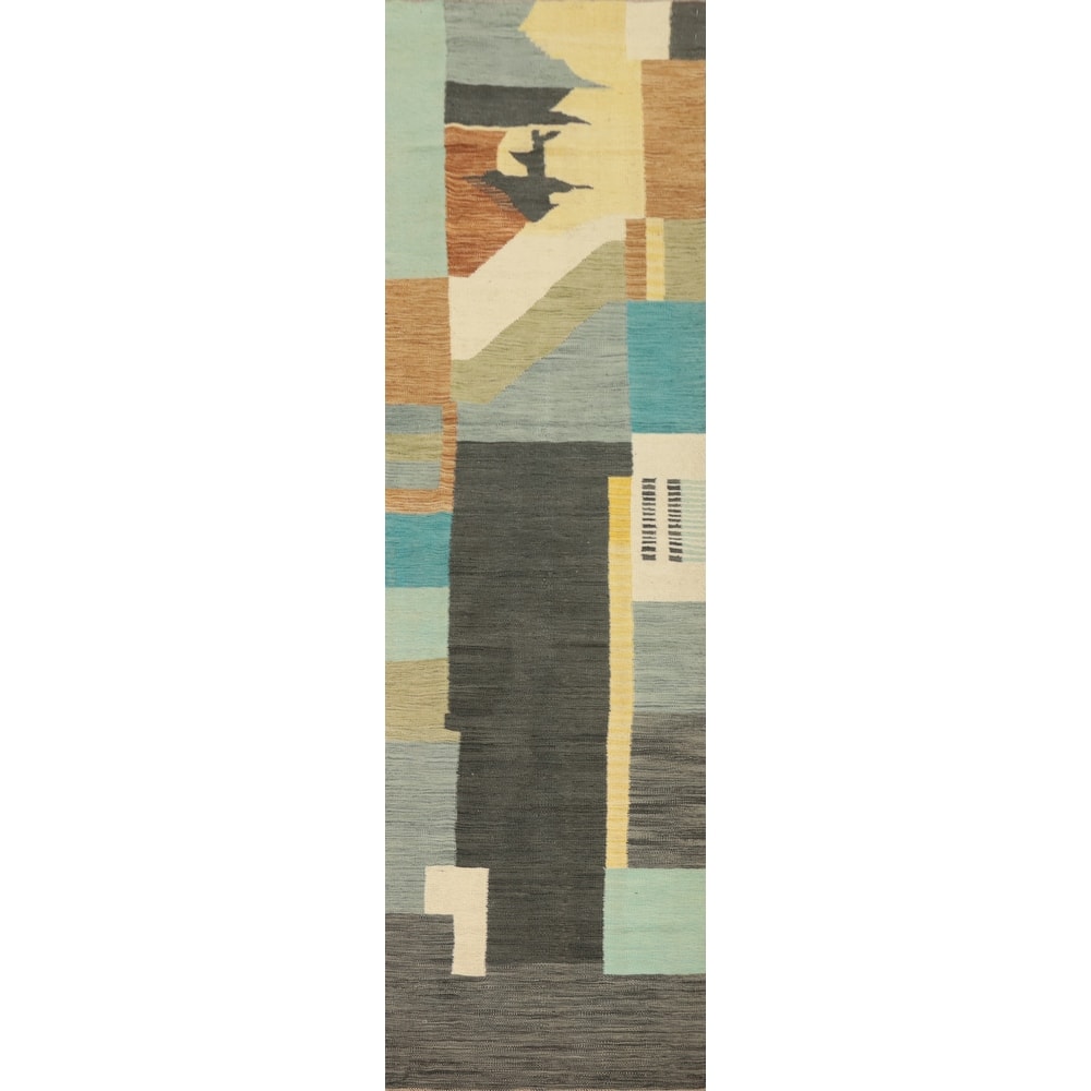 Hand Woven Oriental 100% Wool Carpet Southwestern Modern Multi-Colored Kilim Runner Rug - 11' 9'' X 2' 7''