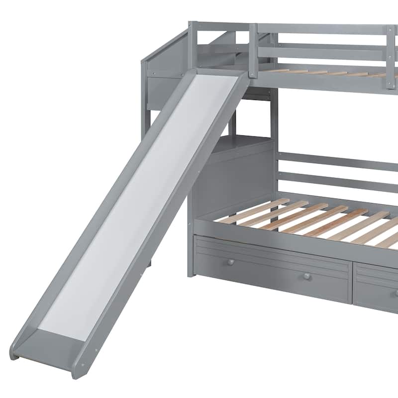 Wooden Bunk Bed w/Desk, Twin Over Twin Bed Frame w/Drawers Slide