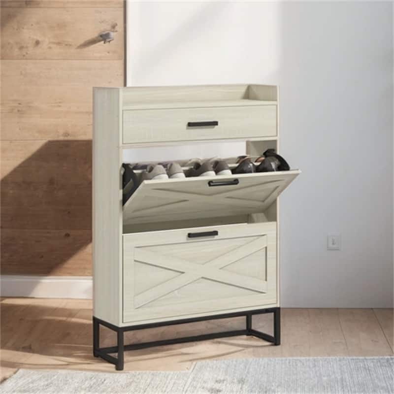 Hidden Shoe Cabinet with 2 Flip Drawers, Adjustable Shelves,Top Drawer