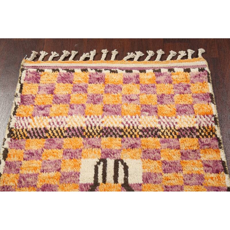 Checkered Modern Moroccan Oriental Runner Rug Hand-knotted Wool Carpet - 2'11" x 12'11"