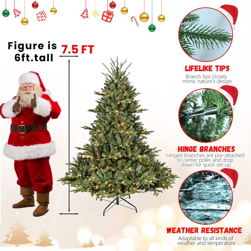 6FT Full-Shape Christmas Tree with 500 UL Lights-PE/PVC Mixed Branches,1763 Tips,Wide Base,Hinged Structure,Metal Stand