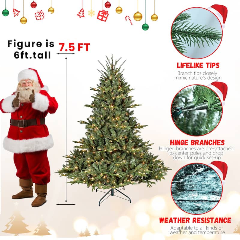 Full-Shape Pre-Lit Christmas Tree - PE/PVC Mixed Branches, Wide Base, Hinged Structure, Metal Stand - Green