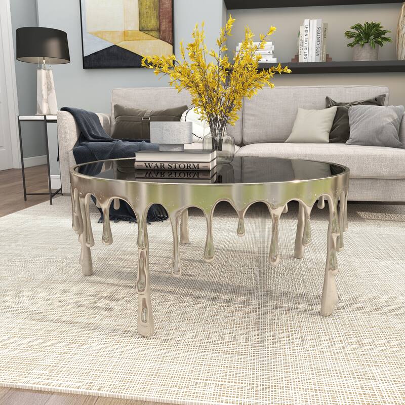 Aluminum Metal Accent, Console, and Coffee Table Collection with Drip Melting Design and Smoke Shaded Glass Top Multiple Colors