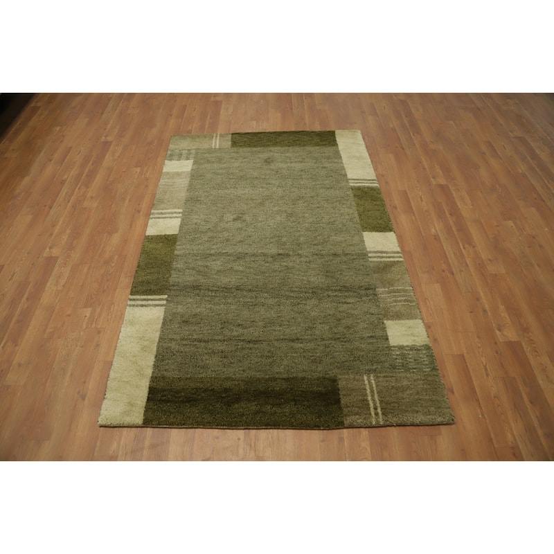 Hand Knotted Oriental 100% Wool Carpet Modern Geometric Green Gabbeh Area Rug - 6' 0'' X 4' 0''